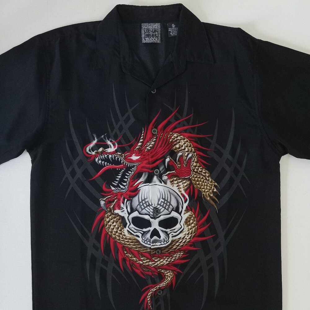 Vintage Bowling Shirt, Dragon and skull Graphic, XL